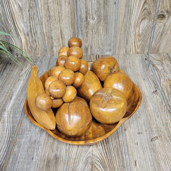 Vintage MCM Wooden Bowl and Assorted Wooden Fruit, - Picture 3 of 6
